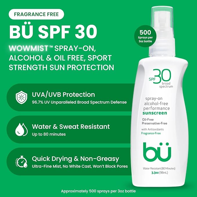 BU SPF 30 Sunscreen Spray for Face and Body, Fragrance Free, TSA Travel Size Sunscreen, Clear, Non Greasy, Water Resistant, for Sensitive Skin, 3.3 oz (3 Pack)-GlimoraGlow