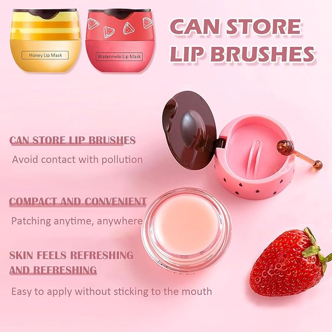 2 PCS Bee Lip Balm Honey Pot, Strawberry & Watermelon Lip Sleeping Masks Overnight, Hydrating Prevention Dry and Cracked Lip Scrubs Exfoliator Lip Care, Reduces Lip Lines-GlimoraGlow