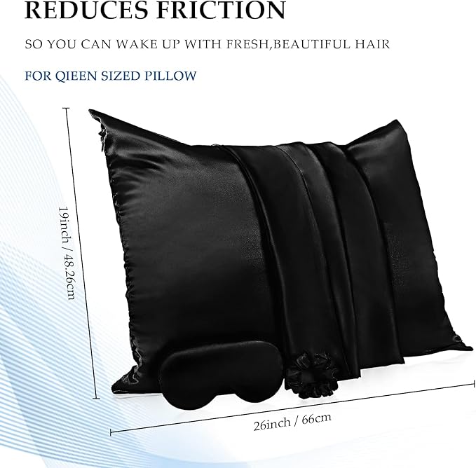 2 Pack Satin Pillowcase with Latent Zipper, Adjustable Satin Eye Mask for Sleeping and Satin Volume Scrunchie for Hair and Skin, Standard Size (Classic Style, Black)-GlimoraGlow