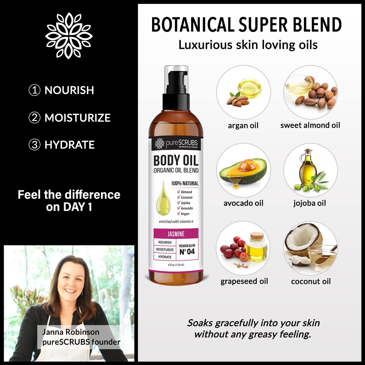 pureSCRUBS Ultra Moisturizing Jasmine Body Oil Spray for Dry Skin, Massage, Cuticles & More - Organic Super Blend of Jojoba, Argan, Coconut, Sweet Almond & Avocado Enriched with Vitamin E, Lg 4oz-GlimoraGlow