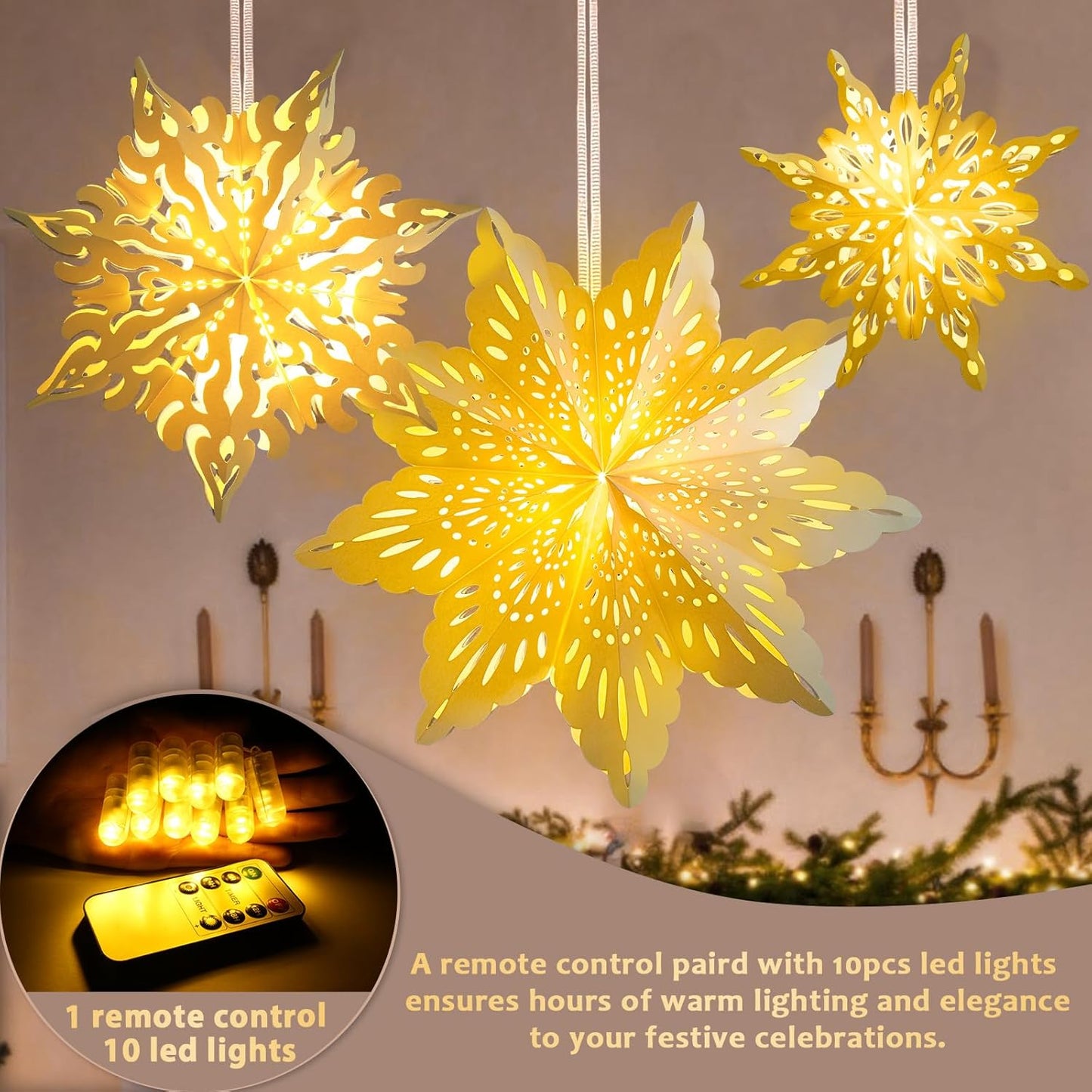 10 Pcs Christmas Paper Snowflake Lanterns, Large Christmas Paper Star Lanterns with LED Lights White Hanging Snowflake Lamp Ornaments for Xmas Winter Frozen Weddings Birthday Holiday Party Decorations