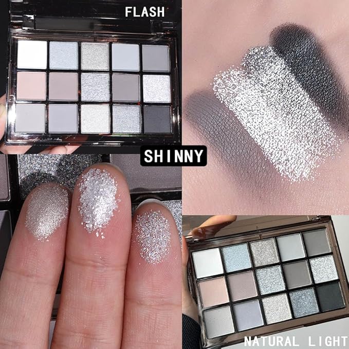 15 Colors Black Gray Silver Matte Shimmer Eyeshadow Palette for Eye Makeup,High Pigmented Brown White Eye Shadow Primers Powder Palet de sombras de ojos-GlimoraGlow