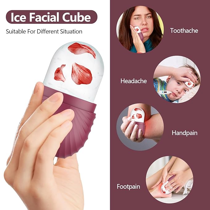 Ice Roller for Face and Eye, Silicone Ice Facial Roller Ice Holder, Face Ice Mold Skin Care, Face Icers Reusable Ice Cube Roller for Shrink Pores Anti Wrinkle Reduce Puffiness, Rose-GlimoraGlow