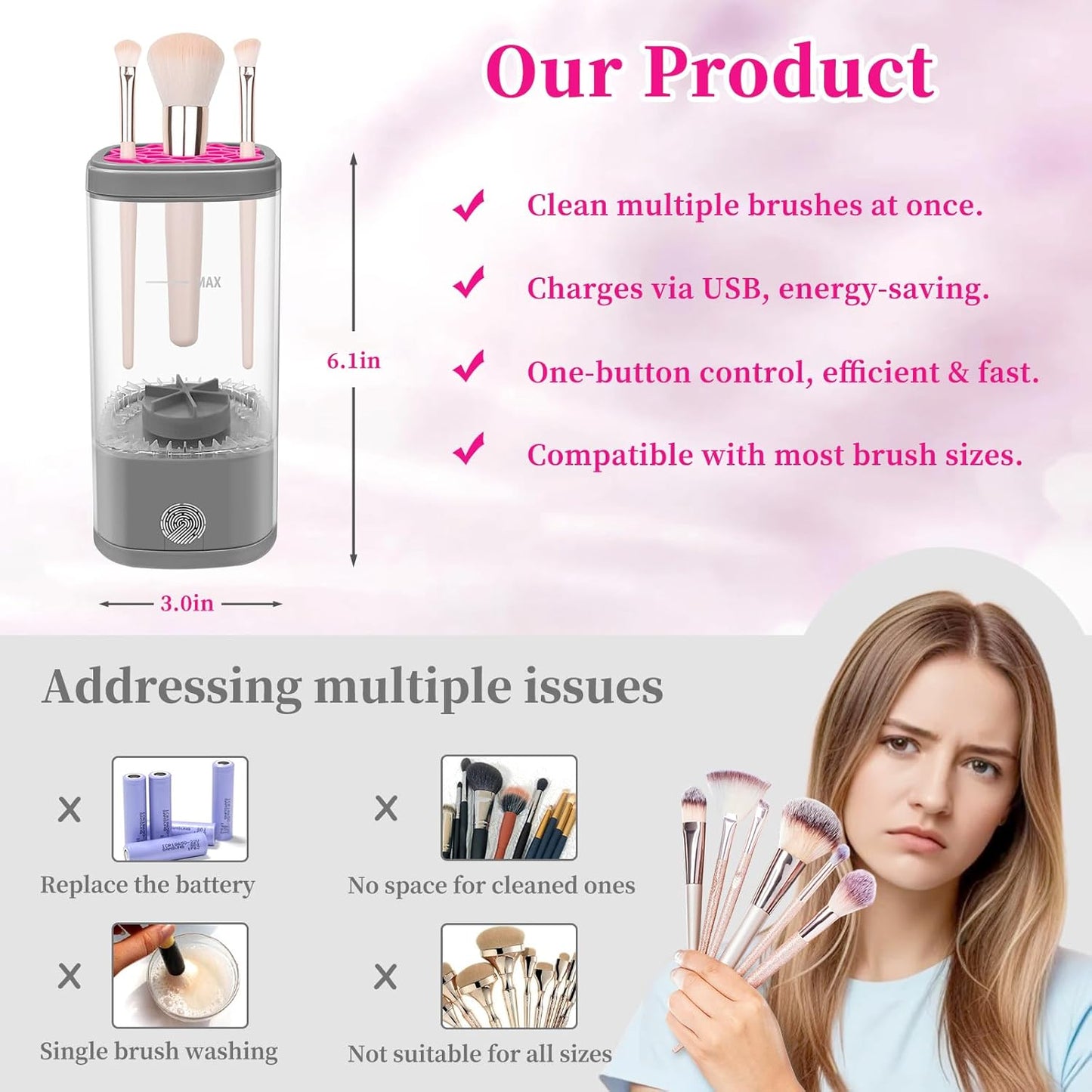 Electric Makeup Brush Cleaner Machine, Ultimate Efficient Automatic Cleaner for All Types of Makeup Brushes - Gray Pink-GlimoraGlow