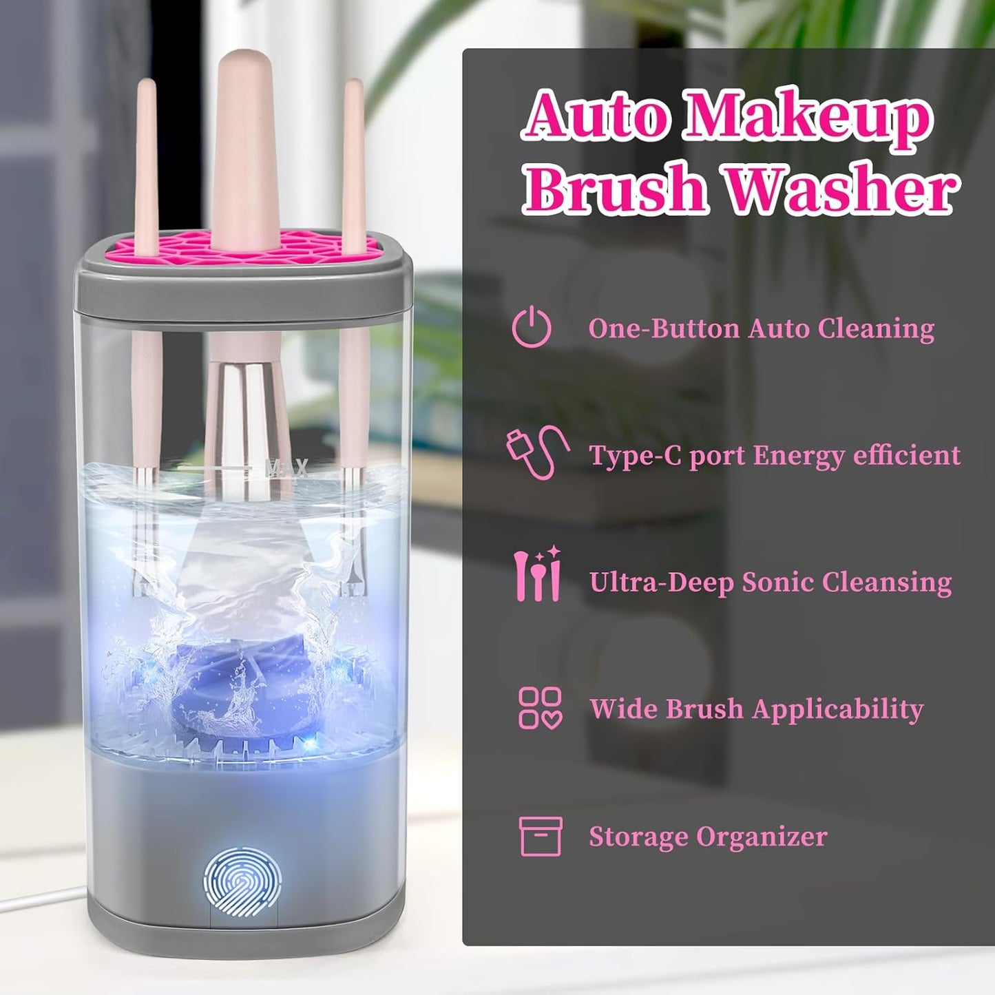 Electric Makeup Brush Cleaner Machine, Ultimate Efficient Automatic Cleaner for All Types of Makeup Brushes - Gray Pink-GlimoraGlow