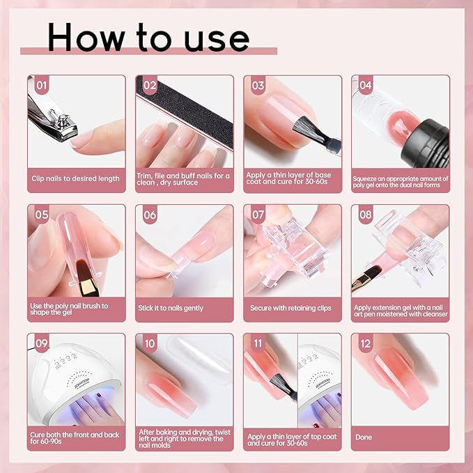 JEWHITENY 14 Colors Poly Extension Gel Nail Kit With U V Lamp Nude Pink White Brown All In One Poly Gel Starter Kit With Base Top Coat Manicure Salon Frence Nail Art DIY-GlimoraGlow