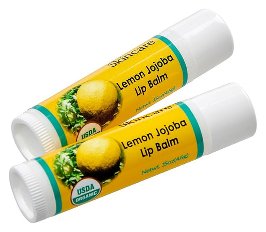 2-Pack Organic Lemon Lip Balm - USDA Certified Organic, 70% Organic Jojoba Oil, Organic Beeswax, Soothes and Softens Dry, Cracked, and Sensitive Lips, Natural Lemon Scent No Taste. 0.15 oz/4.6 gm-GlimoraGlow