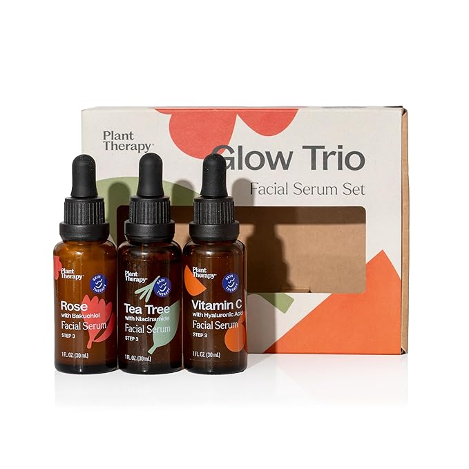 Plant Therapy Facial Serum Trio Set 1 oz each, Vitamin C & Hyaluronic Acid, Rose with Bakuchiol & Tea Tree with Niacinamide, Reduces the Appearance of Fine Lines & Wrinkles-GlimoraGlow