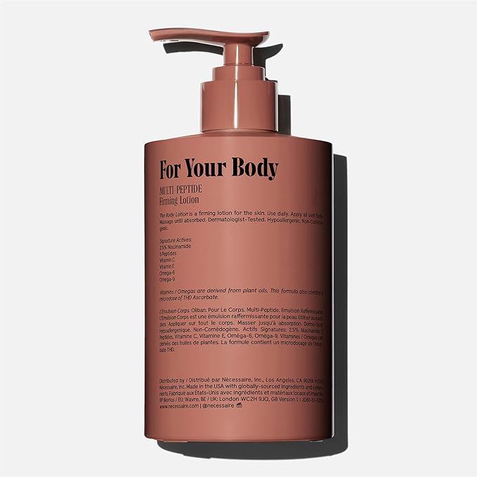 Nécessaire The Body Lotion with Pump. Olibanum. Multi-Peptide Firming to Moisturize + Strengthen. 2.5% Niacinamide, Vitamin C/E + Omega 6/9. Notes of Vanilla, Fig Leaf, & Cassis Buds. 450ml/15.2 fl oz-GlimoraGlow