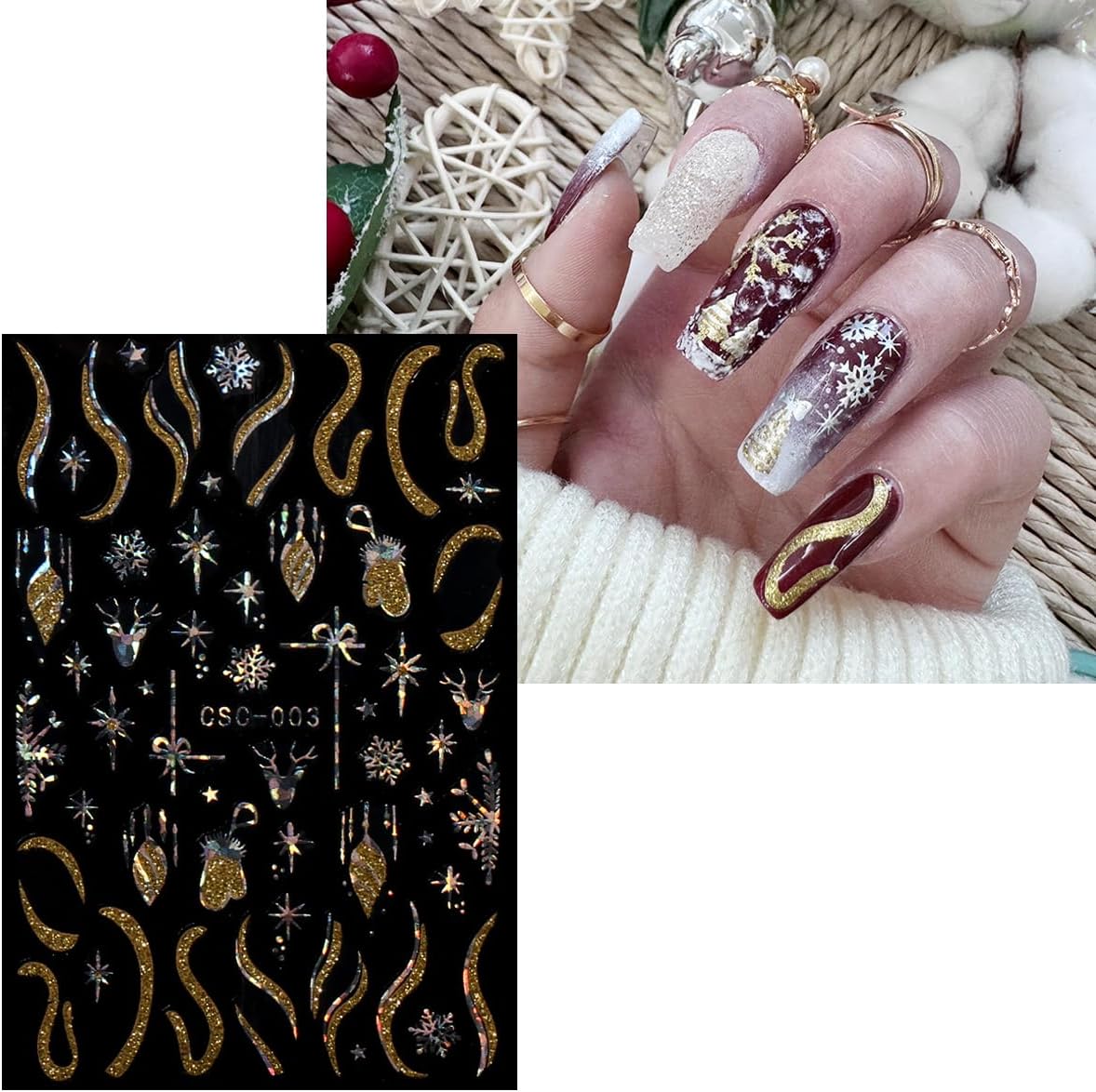 JMEOWIO 8 Sheets Christmas Gold Glitter Silver Nail Art Stickers Decals Self-Adhesive Snowflake Winter Holiday Nail Supplies Nail Art Design Decoration Accessories-GlimoraGlow