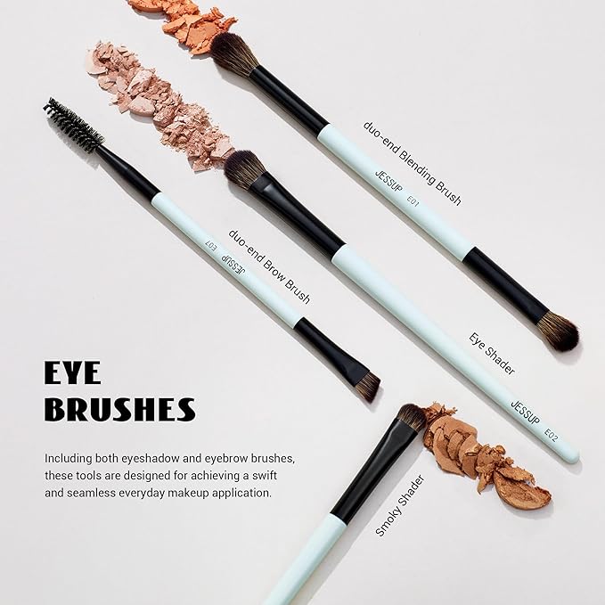 Jessup Makeup Brush Set 6pcs Double Sided Makeup Brushes Foundation Contour Blush Highlight Blending Eyebrow Brush Eyeshadow Brush, Vegan Fiber Make up Brush Bright Cyan T501-GlimoraGlow