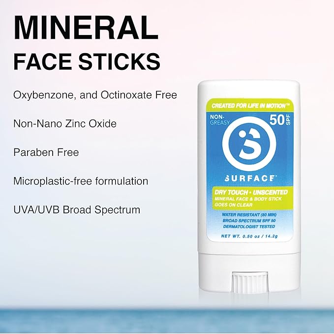 Surface Mineral Face Sunscreen Stick, Dry Touch SPF 50, Broad Spectrum UVA UVB Sun Protection for Kids and Adults, Travel Friendly, Water Resistant for 80 Minutes, Fragrance Free, 0.5oz-GlimoraGlow