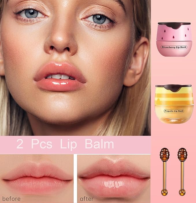 2 PCS Bee Lip Balm Honey Pot, Honey Strawberry Bee Lip Balm Sleeping Lip Mask Overnight with Sticks, Honey Pot Lip Balm Hydrating Exfoliating Prevention Dry and Crack Lip Scrubs-GlimoraGlow