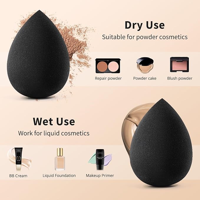 BEAKEY Makeup Sponge Set, 5 Pcs Foundation Blending Sponge, Beauty Sponges Flawless for Liquid, Cream, and Powder, Latex-Free and Vegan Boun Boun Sponges, Makeup Sponges Black-GlimoraGlow
