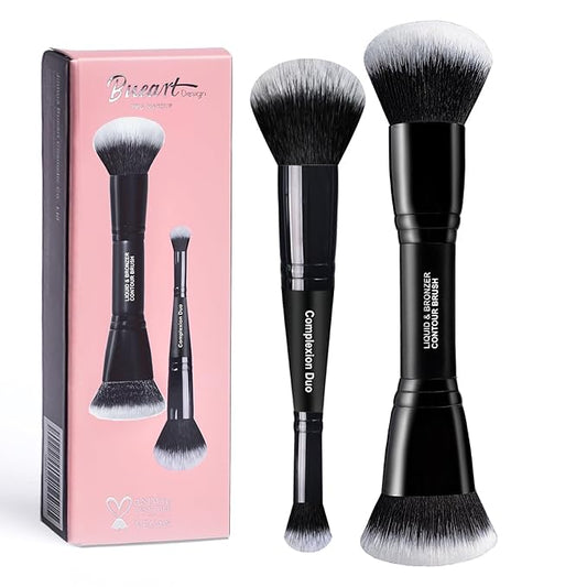 Bueart Design Complexion Duo Brush and Liquid & Bronzer Contour Makeup brushes set with ultra-soft dense hair Double-ended for Foundation Liquid Cream Concealer,Vegan and Cruelty-Free,M18-GlimoraGlow