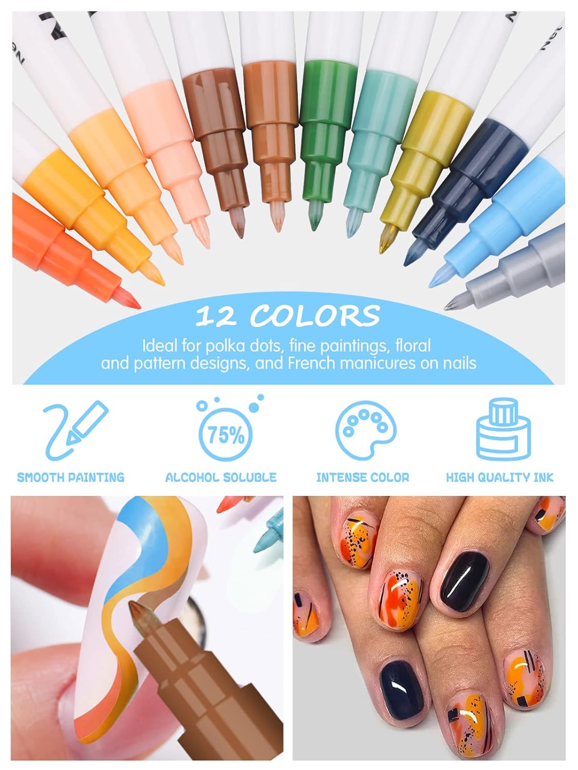 12 Color 3D Nail Art Pens Set, Kalolary Nail Point Graffiti Dotting Pen Drawing Painting Liner Brush for DIY Nail Art Beauty Adorn Manicure Tools(B)-GlimoraGlow