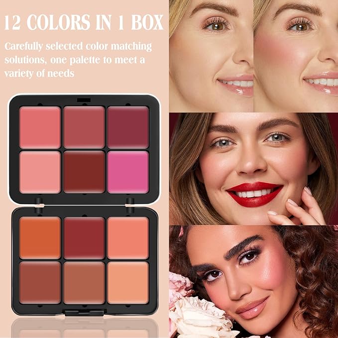 12 Colors Cream [Blush] Makeup Palette for Cheeks - Multi-functional Blush Makeup Palette with Brush, Natural Matte Long Wearing, Waterproof Blendable Face Makeup Palette (#01)-GlimoraGlow