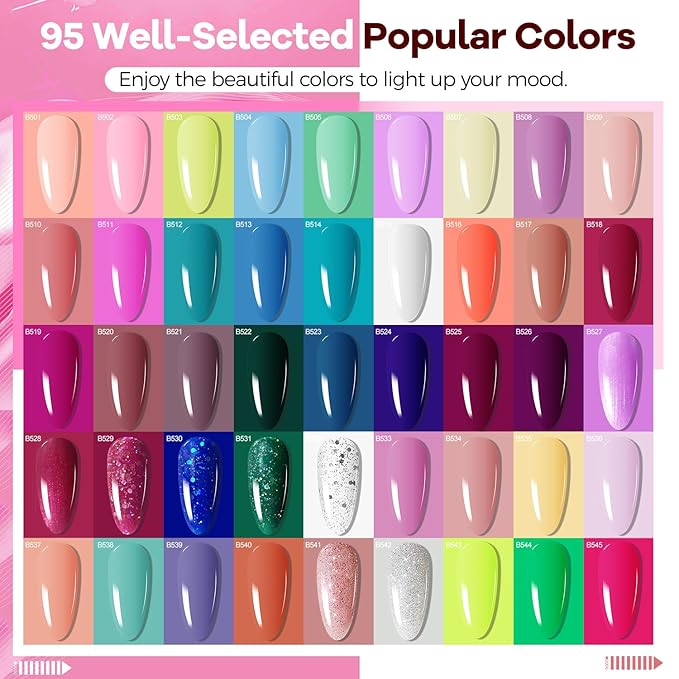 JODSONE 100 PCS Gel Nail Polish Starter Kit with U V Light 95 Colors Macarons Combined with Dark Colors Nail Gel No Wipe Base Coat Top Matte Coat Long Lasting Shine-GlimoraGlow