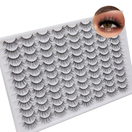 False Eyelashes 48 Pairs Faux Mink Lashes 14mm Wispy Lashes 3D Fluffy Cat Eye Lashes Pack Bulk Wholesale Strip Lashes(style 48-020)-GlimoraGlow