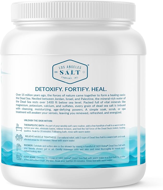 1400 Below 5 Lbs Jar Dead Sea Salt, Fine Grain - Foot and Spa Bath Soak, Exfoliating Body Scrub, 100% Pure and Mineral-Rich, Highest Mineral Content – Natural Muscle Tension Relief-GlimoraGlow