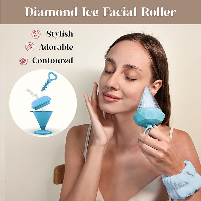 Rena Chris Ice Roller for Face: Diamond Ice Facial Roller, Reach Detailed Areas, De-Puff Eye Bags, Reusable Silicone Massage Ice Mold with Face Wash Wristband, Skin Care Tools for Women(Blue)-GlimoraGlow