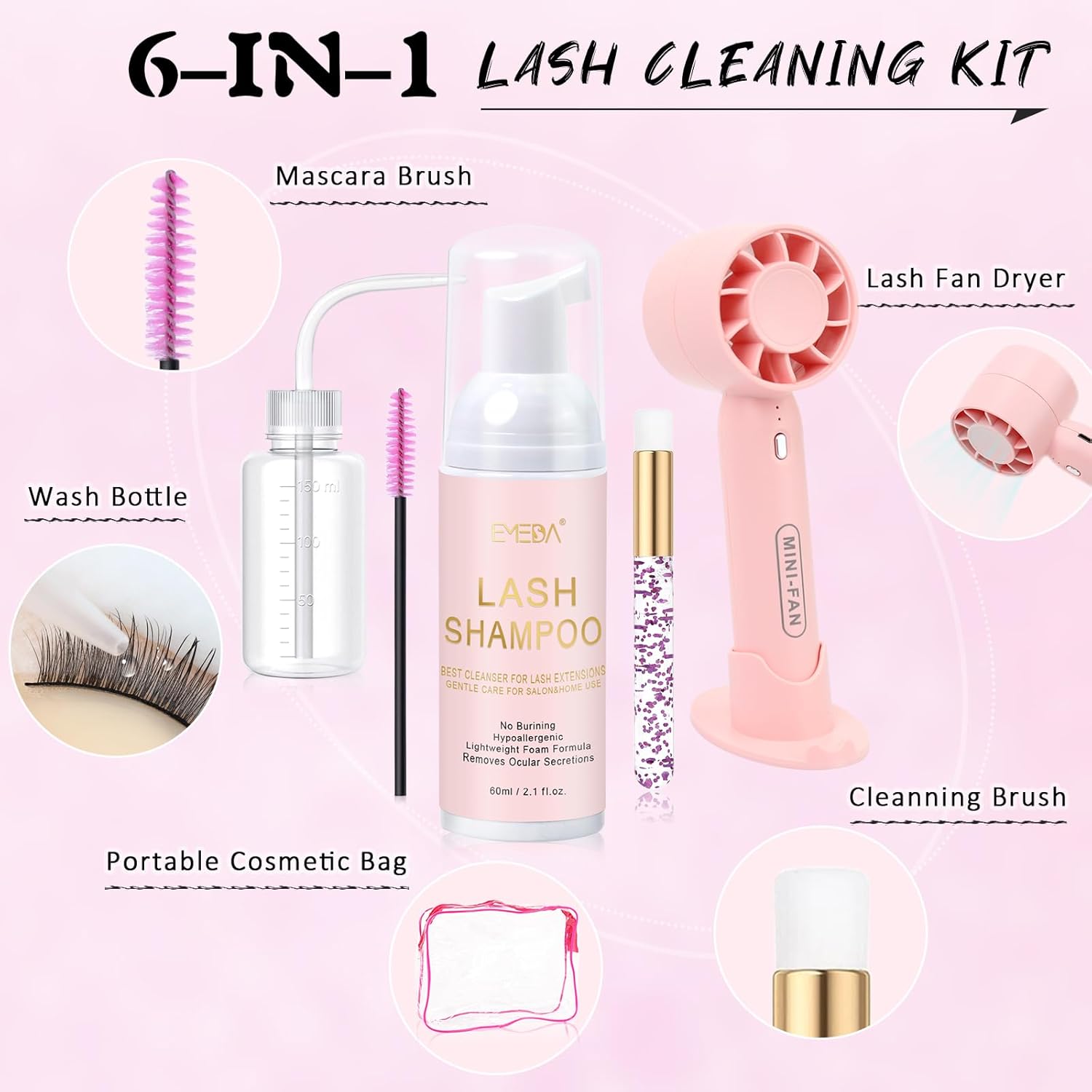 EMEDA Lash Shampoo Kit 2.02 fl oz Lash Cleaning Kit with Rechargeable Fan Dryer/Brush/Rinse Bottle, Oil-free Cleanser Wash for Extensions & Clusters & Natural Eyelashes, Cleaner for Eyelash Care-GlimoraGlow