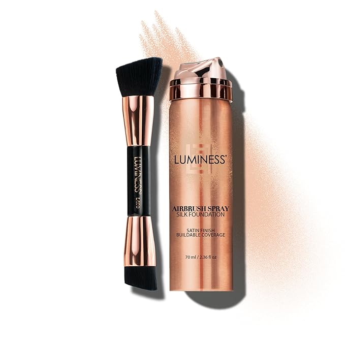LUMINESS Silk Airbrush Spray Foundation & Buffing Brush Kit – Full Coverage Foundation & Dual-Sided Buffing Brush - Buildable Coverage, Anti-Aging Formula Hydrates & Moisturizes - Neutral Fair-GlimoraGlow