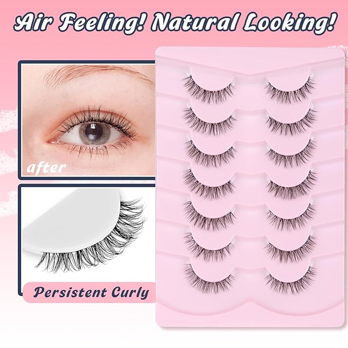 Natural Lashes False 11mm Short Eyelashes Wispy C Curl Eye Lashes Pack with Thin Cotton Band Fake Eyelash 3D Volume For Daily Siligli Lash 7 Pair-GlimoraGlow