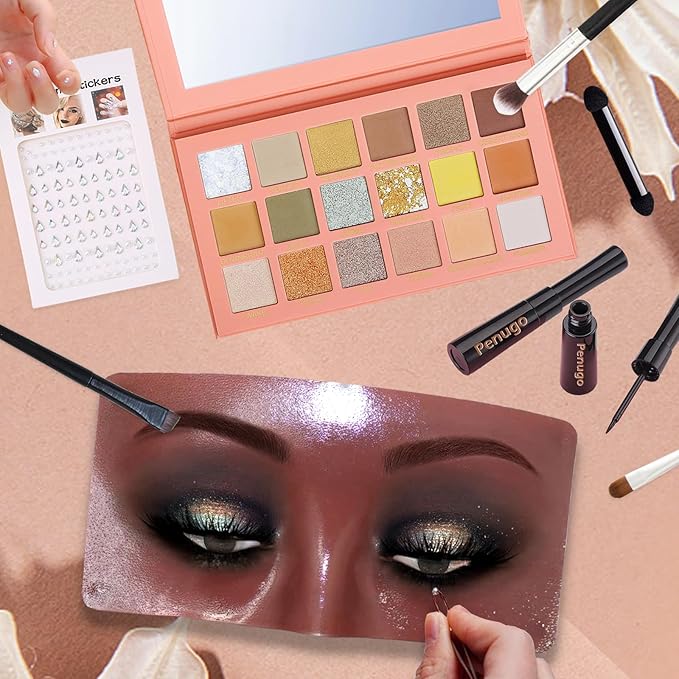 Silicone Makeup Mannequin Face, Makeup Practice Face Board for Makeup Artist Supplies, Mannequin Face for Makeup Practice with Makeup Brushes Rhinestones Sticker(Black)-GlimoraGlow