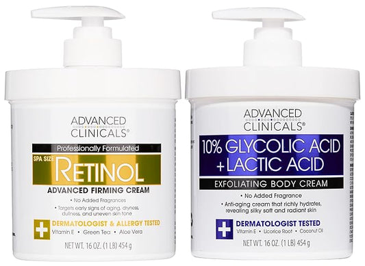 Advanced Clinicals Retinol Body Cream Moisturizer + Exfoliating 10% Glycolic Acid & Lactic Acid Lotion 2PC Skincare Set For Women & Men To Reduce Appearance Of Crepey Skin & Uneven Rough Skin Texture-GlimoraGlow