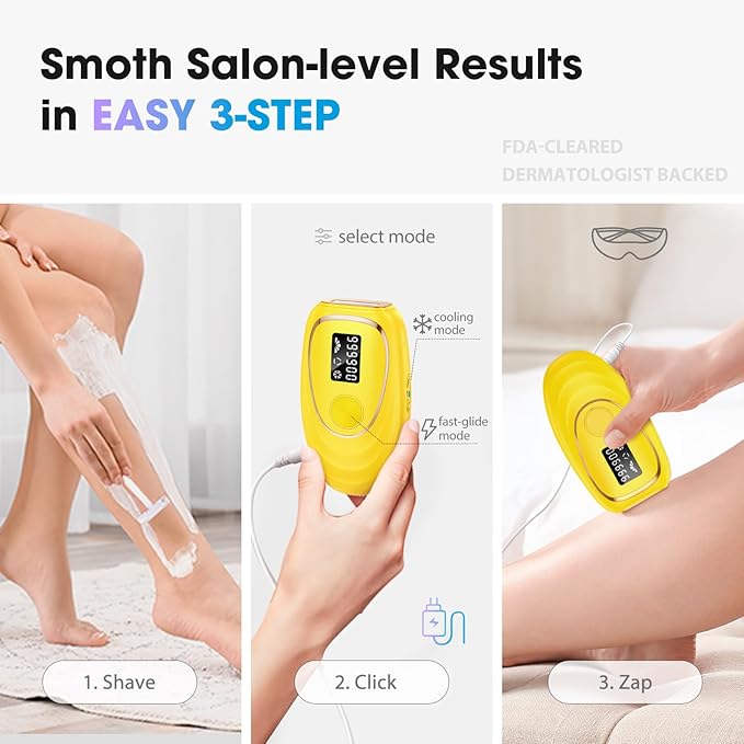IPL Laser Hair Removal Device for Women & Men - Home 45°F Ice-Cooling Contact for Painless & Long-Lasting Results, 86% Hair Reduction in 3 Weeks for Full Body & Bikini Line, Light Yellow-GlimoraGlow