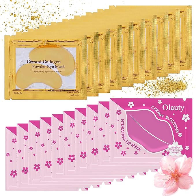 20 Pieces Lip Masks&24K Gold Under Eye Masks,Crystal Collagen Gel Eye Masks,Moisturizing Cherry Blossom Lip Patches Skin Care,Reducing Fine Lines & Dark Circle for Puffy Eyes,Birthday for Women-GlimoraGlow