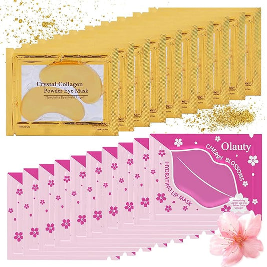 20 Pieces Lip Masks&24K Gold Under Eye Masks,Crystal Collagen Gel Eye Masks,Moisturizing Cherry Blossom Lip Patches Skin Care,Reducing Fine Lines & Dark Circle for Puffy Eyes,Birthday for Women-GlimoraGlow