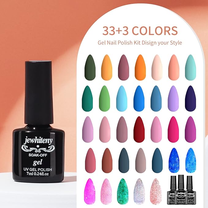 JEWHITENY Gel Nail Polish Kit, 36 Pcs 7ML Soak Off Gel Polish Set Pink Blue Green Yellow Gel Nail Kit Glitter Nail Art Starter Kit Beauty Gifts-GlimoraGlow