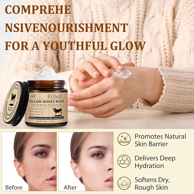 Whipped Tallow Cream for Face & Body - 100% Grass-Fed Beef Tallow, Natural Honey & Beeswax Moisturizer, Deep Hydration & Nourishment, Oil-Free & Unscented, Fast Absorbing-GlimoraGlow