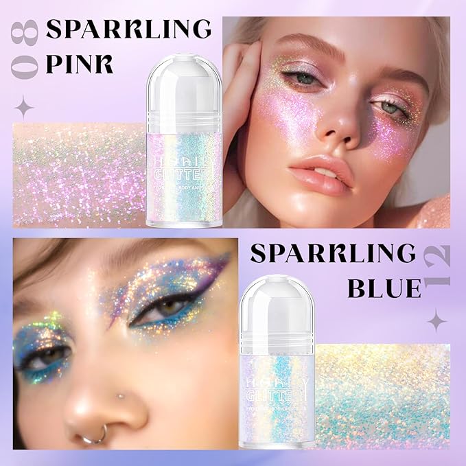 2 Colors Roll-on Body Glitter Gel, Holographic Glitter Gel Under Light for Face Hair, Body Shimmer for Rave Accessories Christmas New Year Halloween Makeup (8+12)-GlimoraGlow