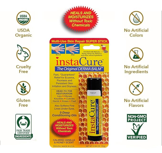 InstaCure's Original Nose Balm with Manuka Honey. Fast Relief for Cracked, Dry & Sore Noses + InstaCure Original Derma Balm Jumbo-Sized Skin Revival Tube. Soothes & Heals Dry, Irritated Skin-GlimoraGlow