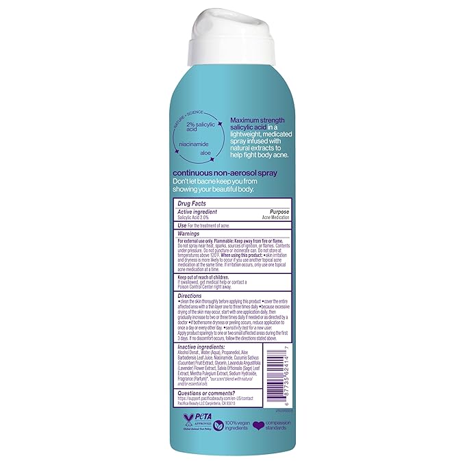 Pacifica Bacne Acne Cleanser Spray - Bacne Warrior - Body Spray for Acne Treatment - w/ 2% Salicylic Acid Niacinamide & Aloe - for Body, Chest & Back Acne for Teens & Adults Vegan Dermatologist Tested-GlimoraGlow