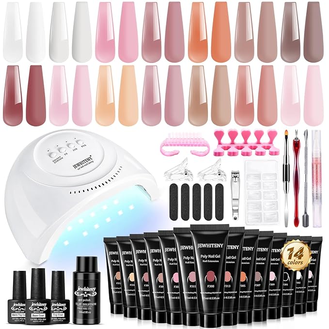 JEWHITENY 14 Colors Poly Extension Gel Nail Kit With U V Lamp Nude Pink White Brown All In One Poly Gel Starter Kit With Base Top Coat Manicure Salon Frence Nail Art DIY-GlimoraGlow