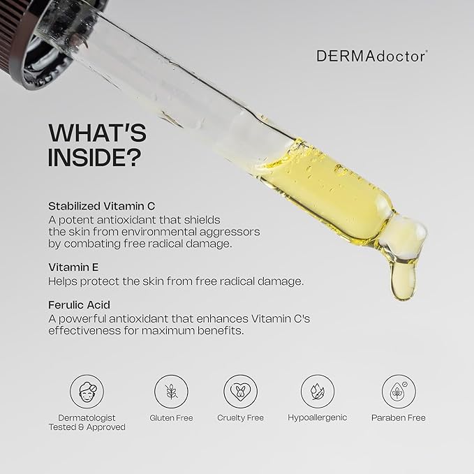DERMAdoctor Vitamin C Face Serum 20% Vitamin C, Vitamin-E, Ferulic Acid, Ascorbic Acid Concentrated Dermatologist-Formulated Anti-Aging, Hydrating & Discoloration Correcting Serum for Face -1.0 fl oz-GlimoraGlow