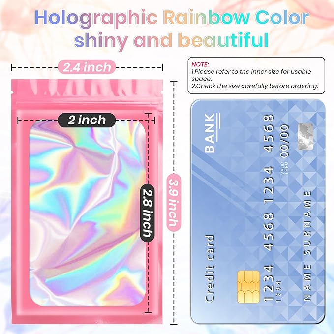 100 Pack Holographic Bags, Resealable Bags Packaging Bag with Clear Window Resealable Odor Foil Pouch for Food Storage, Lipgloss&Jewelry Lash Packaging(Pink, 2.4 x 3.9 Inch)-GlimoraGlow