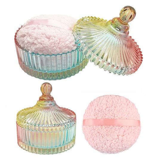 Extra Large Body Powder Puff and Container - Vintage Glass Dusting Powder Container with Soft Puff for Women & Girls (5.9x5.9x5.9 IN)-GRB010-Colorful-A-GlimoraGlow