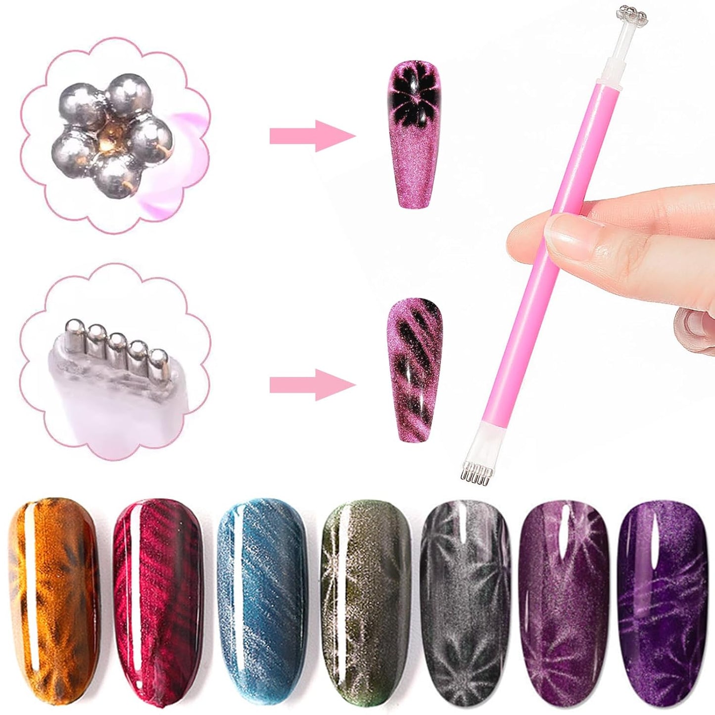 13pcs Pink Cateye Magnet for Nails Double-Ended Hexagon Nail Magnet Stick Flower Cat Eye Magnetic Pen 9 Stripe Nail Magnet Plates for Cat Eye Gel Nail Polish-GlimoraGlow