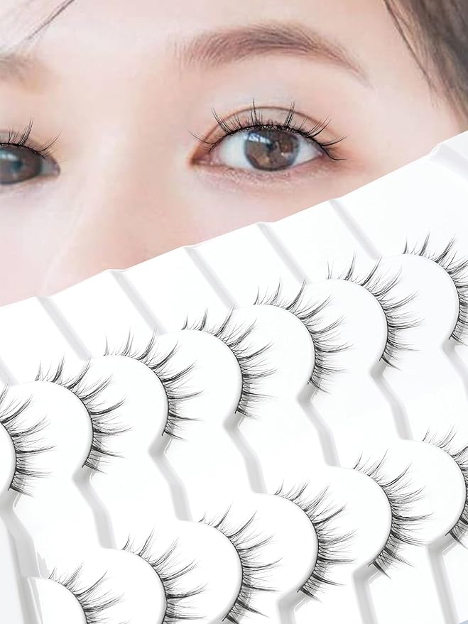 Manga Lashes Natural False Eyelashes 10MM Short Anime Lashes Thin Band Korean Lashes 3D Volume Strip Lashes Wispy Manhua Eyelashes 7 Pair Asian Lashes Siligli-GlimoraGlow