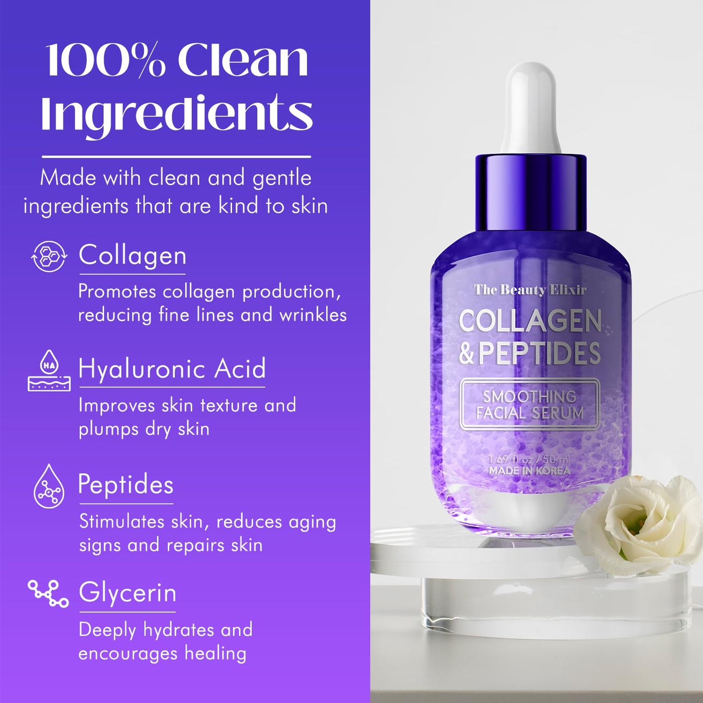 Collagen & Peptides Serum For Face - Dermatologist Tested, Anti-Aging, Hydrating & Repairing Treatment for Fine Lines & Wrinkles - Clean Beauty, Cruelty-Free Korean Skincare - 1.69oz-GlimoraGlow