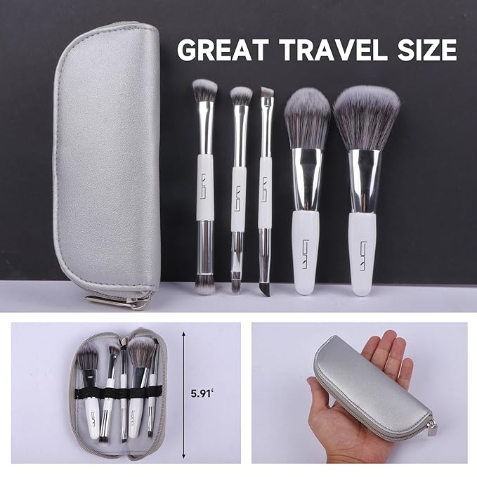 Travel Makeup Brushes Set w/Pouch, 5PCS Double Ended Portable Mini Cosmetic Brushes Kit for Foundation, Eyeshadow, Lip, Blush Make Up Brushes Professional(White)-GlimoraGlow