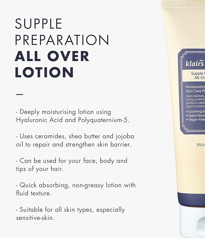 DearKlairs] Supple Preparation All-over lotion, Daily face and body moisturizer, for sensitive skin, Essential oil Free, Artificial fragrance free,250ml, 8.45oz-GlimoraGlow