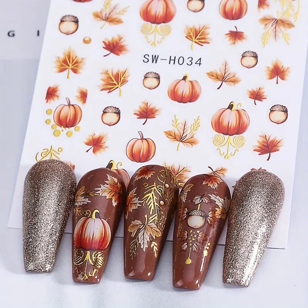 2 Sheets Fall Nail Stickers Autumn Maple Leaf Nail Art Stickers 3D Self Adhesive Maple Leaves Nails Decals for Nails Art Thanksgiving Day Nail Decoration Pumpkin Cute Manicure Supplies for Women-GlimoraGlow