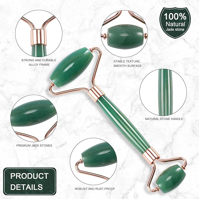 Jade Roller for Face, Facial Roller Massager Skin Care Tool, Gua Sha Facial Tools for Face, Neck, Eyes, Reduce Puffiness of The Skin (Green)-GlimoraGlow