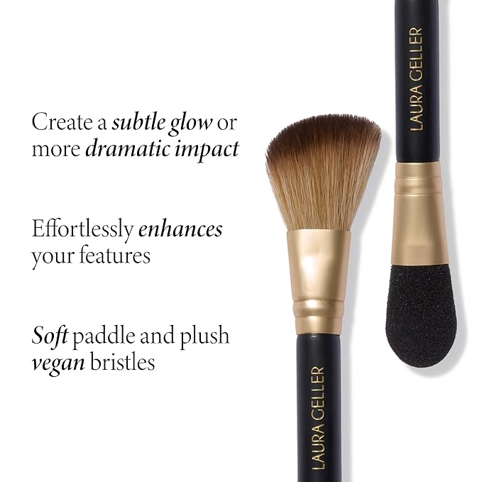LAURA GELLER NEW YORK Dual-Ended Highlighter Brush - Multipurpose Makeup Brush for Highlighter, Blush, Bronzer and More - Includes Dual-Fiber Vegan Bristles and Satin Paddle for Flawless Application-GlimoraGlow